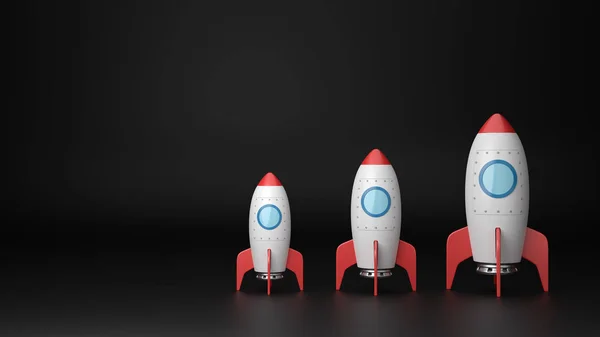 Siyah arka planda boyut karikatür spaceships artan set