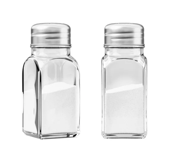 白色背景下分离的盐瓶中的盐 — 图库照片