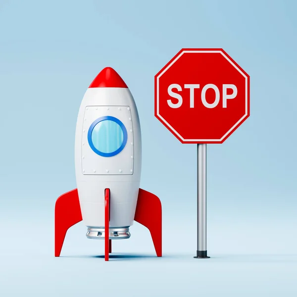 Cartoon Spaceship and Red Stop Road Sign on Blue Background