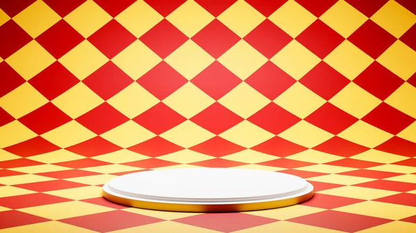 Colorful Checkered Pattern Studio Background 의 텅 빈 화이트 플랫 폼 — 스톡 사진