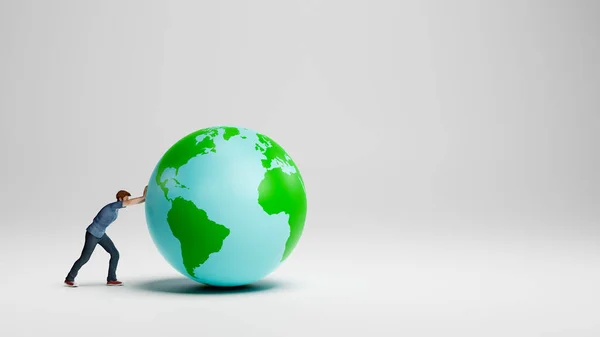 Jeune homme poussant la planète Terre — Photo