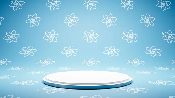 Empty White Platform on Atom Symbol Pattern Studio Background — Stock Photo, Image