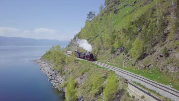 Prores Vintage Historic Steam Train Passes Mountains Shore — Stock Video