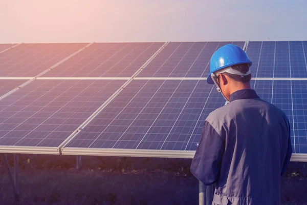 Engineer Working Checking Maintenance Structure Solar Panel Find Problem Operate — Stock Photo, Image