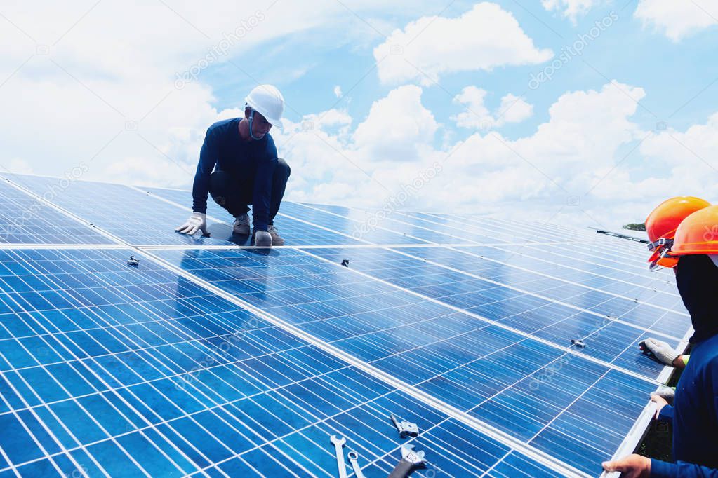 engineer team working on replacement solar panel in solar power plant;engineer and electrician team swapping and install solar panel ; electrician team checking hot spot on break pane