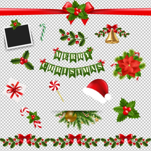 Colección Grande Navidad Fondo Transparente Con Malla Gradiente Ilustración Vectorial — Vector de stock