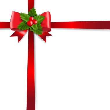 Kırmızı Kurdele Beyaz Arkaplanı İzole Etti ve Holly Berry Gradyan Örgü, Vektör İllüzyonu