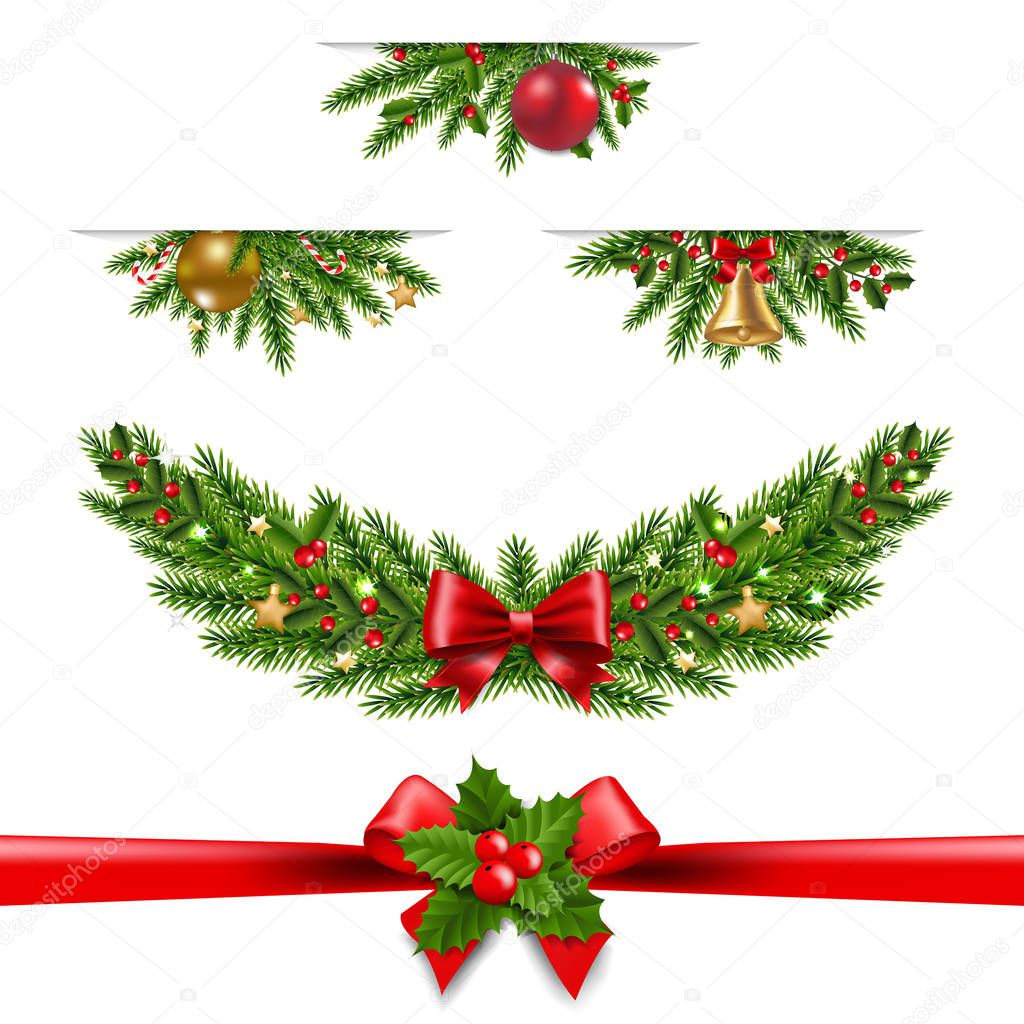 Christmas Garland Big Collection White Background With Gradient Mesh, Vector Illustration