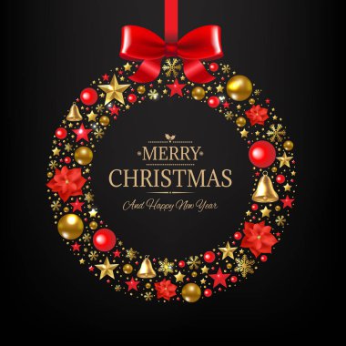 Çelenkli Xmas Kartpostalı ve Gradyan Ağlı Metin, Vektör İllüzyonu