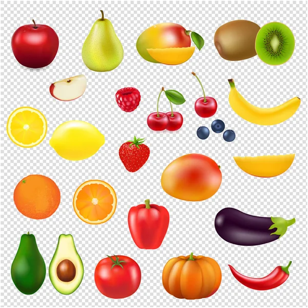 Collection Fresh Fruit Transparent Background Gradient Mesh Vector Illustration — Stock Vector