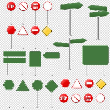 Büyük Set Stop İşaretleri Ve Trafik İşareti Toplama Degrade Örgü, Vektör İllüstrasyon ile Şeffaf Arka Plan