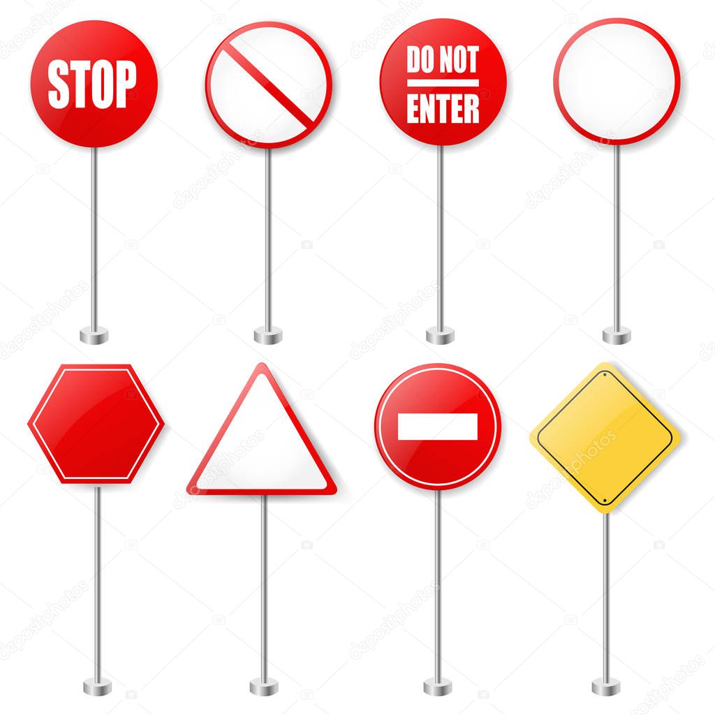 Stop Signs And Traffic Sign Collection With Gradient Mesh, Vector Illustration