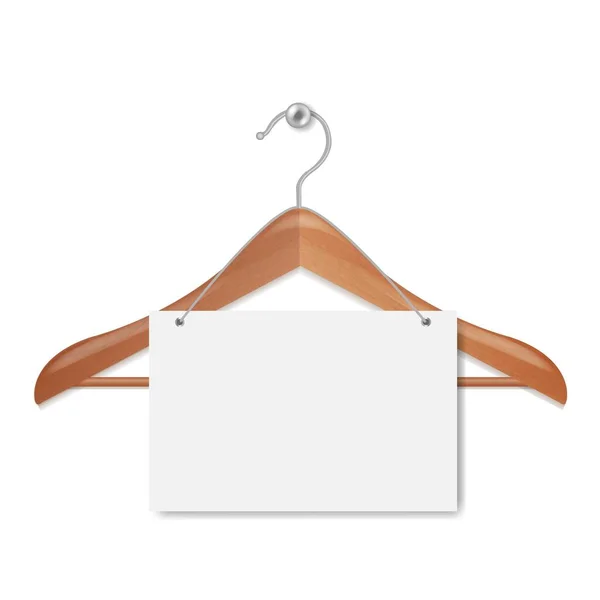 Cabide de madeira com banner de papel isolado fundo branco —  Vetores de Stock