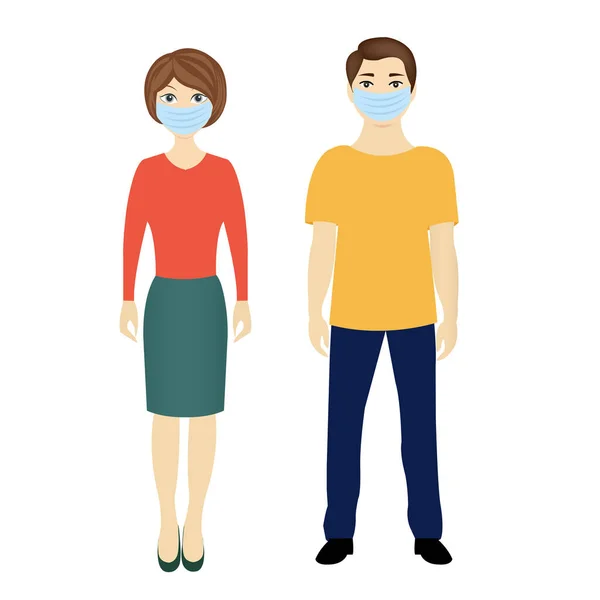 Man en vrouw met medische maskers geïsoleerde witte achtergrond — Stockvector