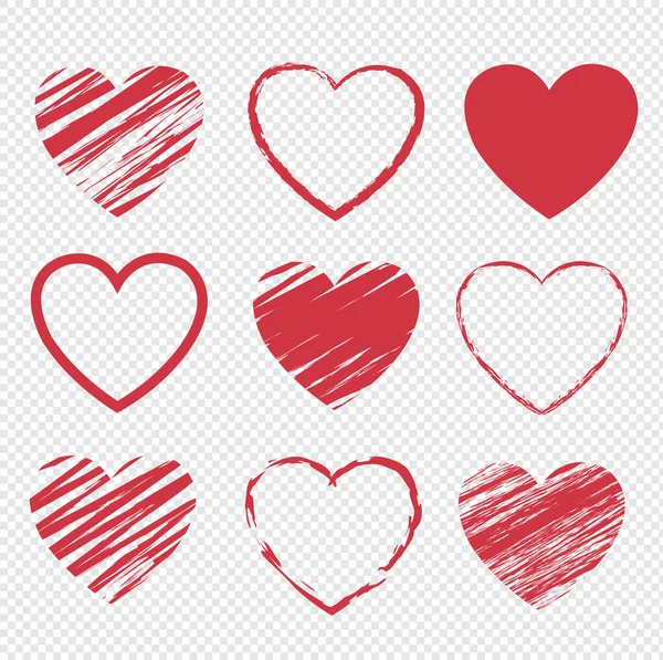 Conjunto de símbolos de corazones rojos Fondo transparente aislado — Vector de stock