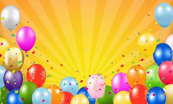 Grattis Födelsedagen Kort Med Ballonger Sunburst Bakgrund Med Gradient Mesh — Stock vektor