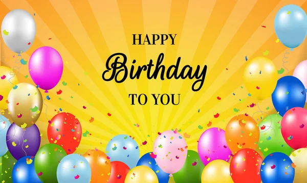 Happy Birthday Card Balloons Sunburst Background Gradient Mesh Vector Illustration — Stock Vector