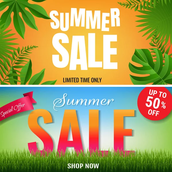 Banner di vendita estivi con cornice tropicale e erba — Vettoriale Stock