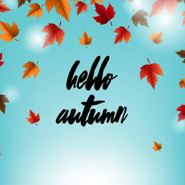 Tarjeta de otoño con hojas y fondo azul — Vector de stock