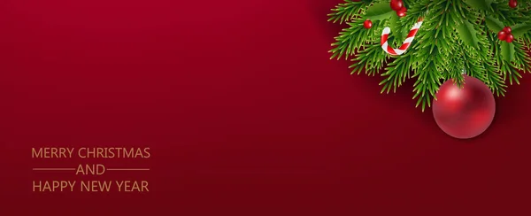 Guirnalda de Navidad con bolas de Navidad fondo rojo — Vector de stock