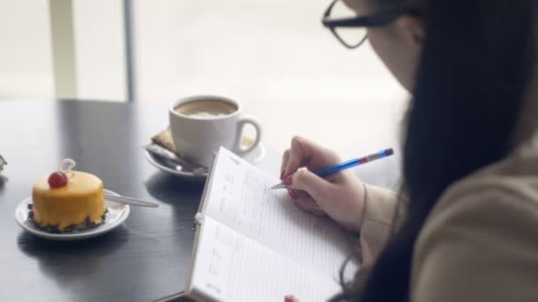 Stijlvolle jong meisje schrijft in het dagboek in het café — Stockvideo