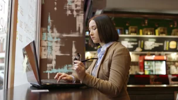 Retrato de una mujer joven usando un teléfono inteligente en un café junto a la ventana . — Vídeo de stock