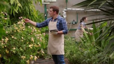 Tablet ile Agronomist kadın erkek bahçıvan ile konuşuyor ve büyüyen fide ler denetim yapar ve göstergeler koyar.