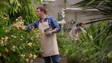 Tablet ile Agronomist kadın erkek bahçıvan ile konuşuyor ve büyüyen fide ler denetim yapar ve göstergeler koyar.