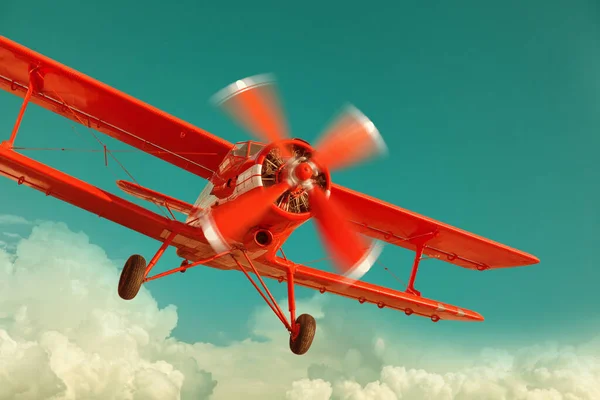 Biplano Vermelho Voando Céu Nublado Estilo Retrô — Fotografia de Stock