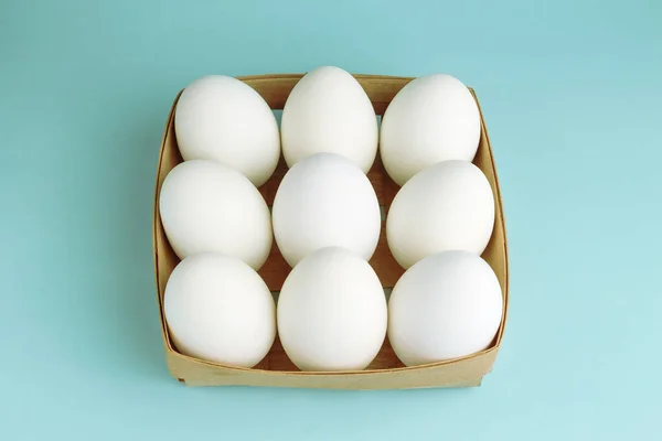 Chicken Eggs Wooden Package Nine White Eggs Square Box Blue — Stock Photo, Image