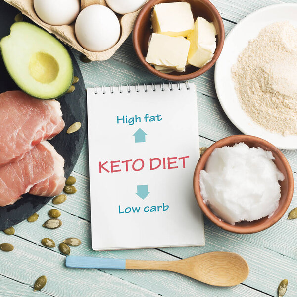 Concept of ketogenic diet. Notepad with text, spoon and dietary food on light table.