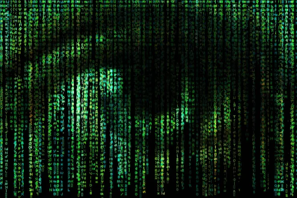 Dijital göz. Yeşil matris arka planı. Yapay Zeka kavramı