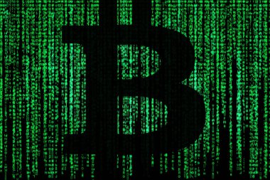 Yeşil matris arkaplanındaki bitcoin işareti