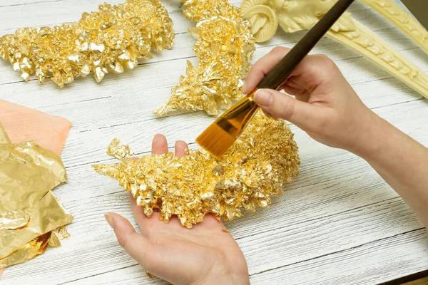 Gilding Process Female Hands Brush Gold Leaf — Stock Photo, Image