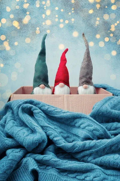 Tři Vánoční Skřítci Různých Barev Otevřené Krabici Pletená Přikrývka — Stock fotografie