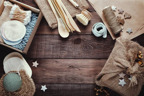 Zero Waste Christmas Gifts Eco Friendly Presents Burlap Packaging Christmas — Stock Photo, Image