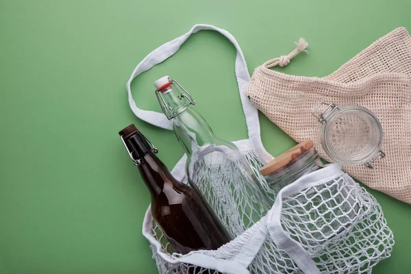 Zero Waste Grocery Shopping Concept Cotton Bags Glassware — Stock Photo, Image