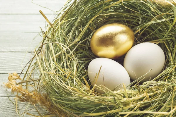 One gold and two ordinary eggs in the nest.