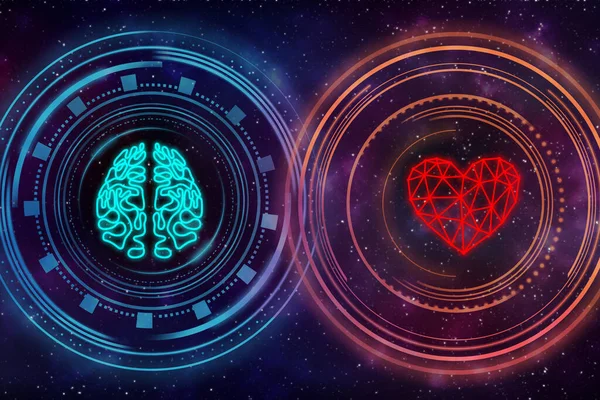 心臓と脳 デジタルインターフェース 背景の星空 — ストック写真