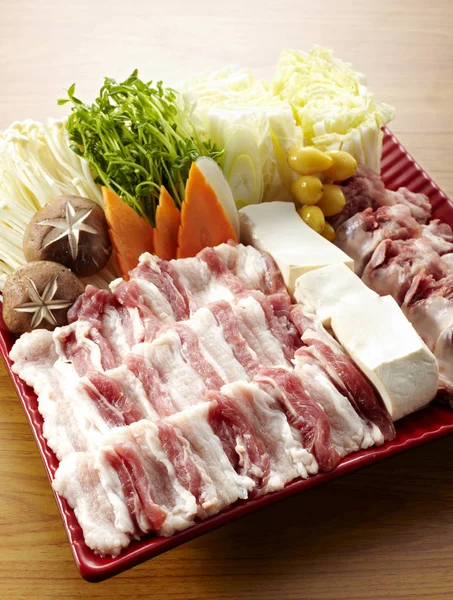 Ingrédients Variés Pour Cuisson Soupe Tranches Bacon Tofu Légumes Champignons — Photo
