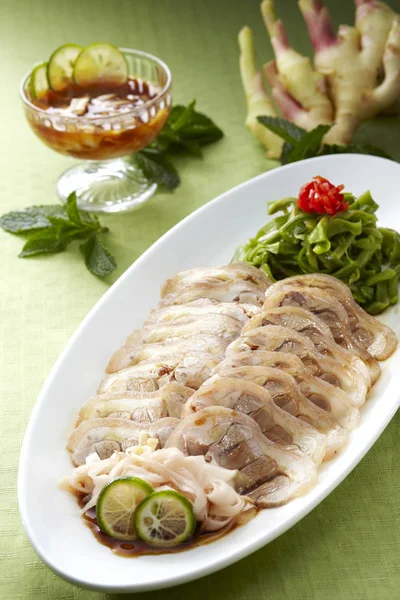 White Platter Sliced Fat Pork Leg — Stock Photo, Image