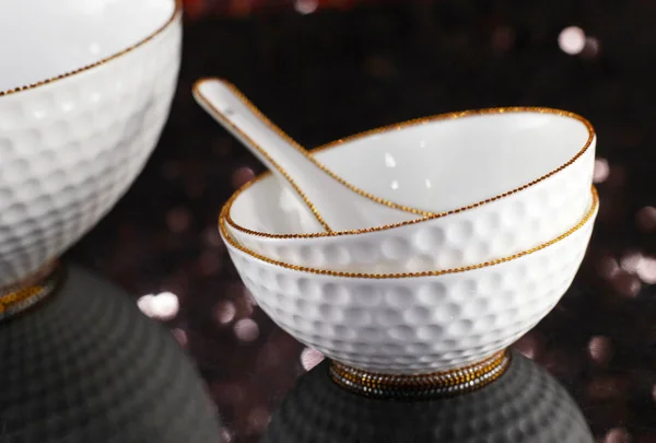 Closeup of luxury ceramic tableware for restaurant table setting