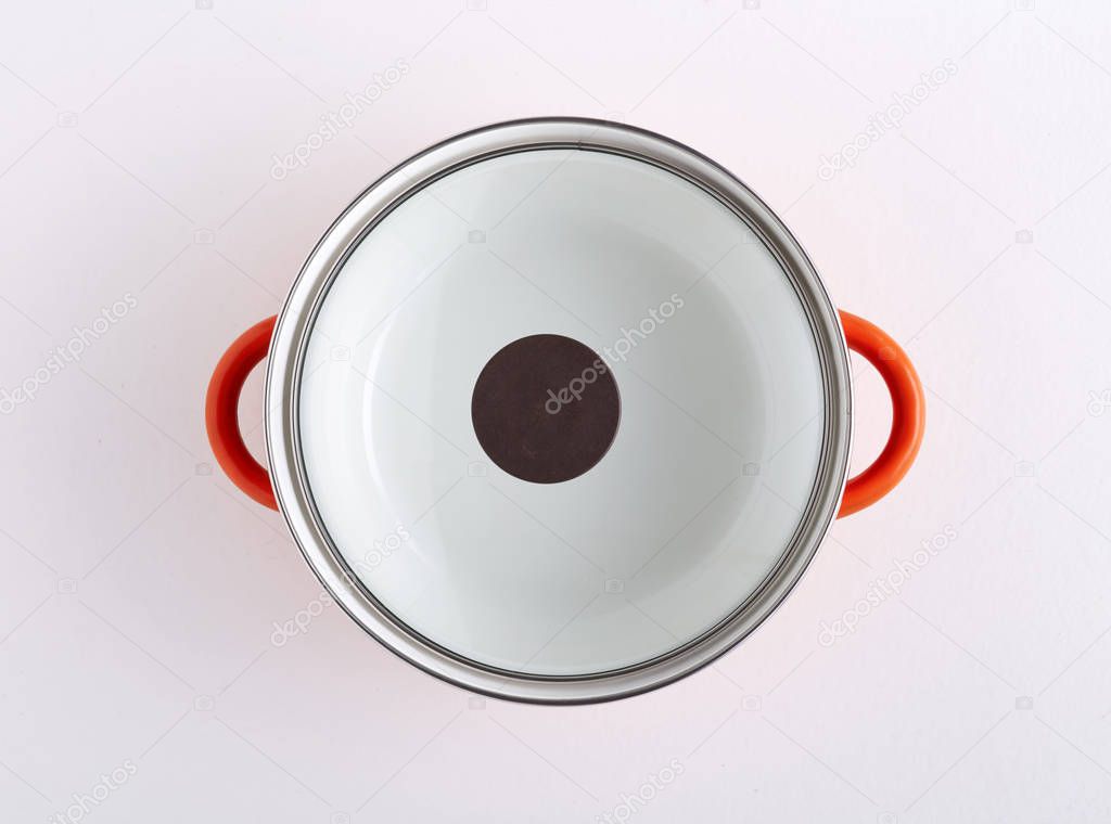 Elevated view of white saucepan isolated on white background
