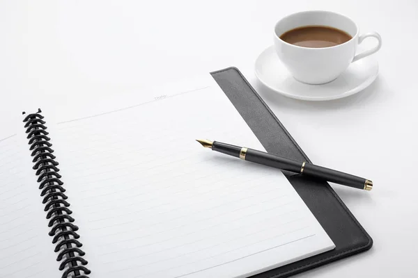 Closeup Notepad Pen Cup Coffee Business Background — Stock Photo, Image