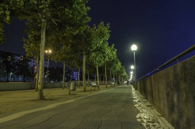 Tress Dusseldorf, Almanya arka planda gece kulede Rhine manzaralı bir yol boyunca.
