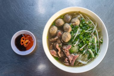 Bowl of delicious beef meat ball Pho noodle soup 