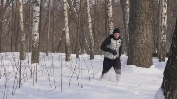 Молодий чоловік біжить на сніговому дрейфі в зимовому лісі. Зимове тренування на відкритому повітрі — стокове відео