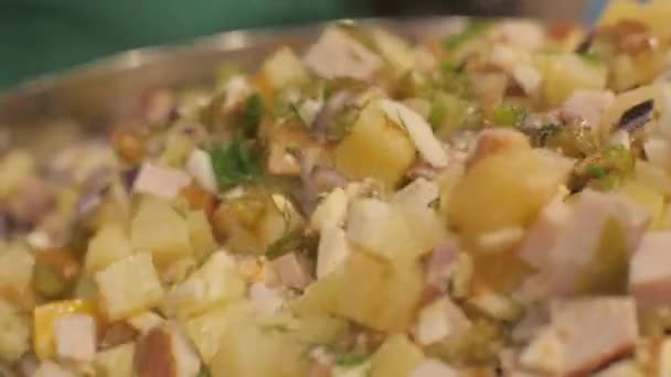 Proses pencampuran bahan salad sayuran dengan bumbu dan bumbu menutup — Stok Video