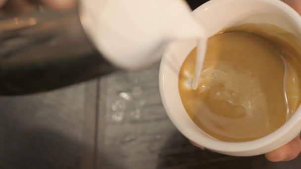 Barista pouring milk in hot coffee drawing leaf in coffee shop close up — Stock Video