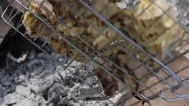 Close-up van kip vlees Gegrild op de barbecue tijdens het zomer camping — Stockvideo